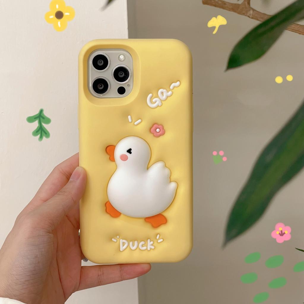 For iPhone 16 Pro Max Silicone Case Cute Expanding Duck Design Shockproof Phone Back Cover