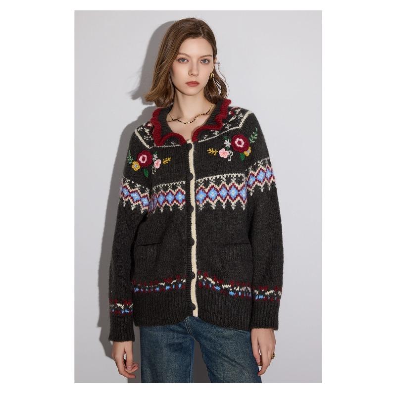 DIMANAF 2025 Sweaters Cardigan Flowers Autumn Pockets Women Print V-Neck Sweaters Knitting Loose Sweater