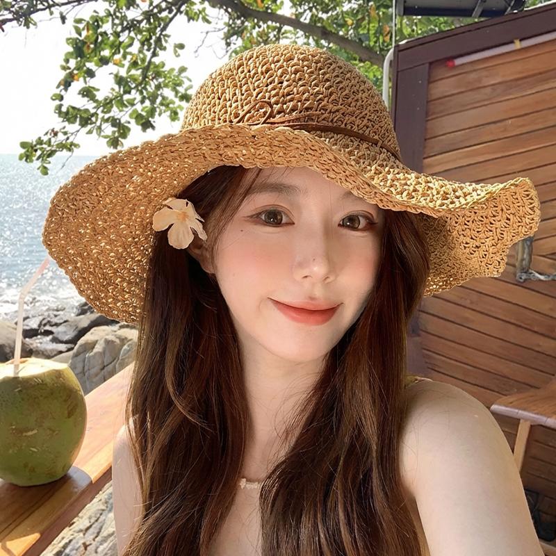 Holiday style straw hat bow fisherman hat children summer new seaside beach sun protection visor big brim woven grass