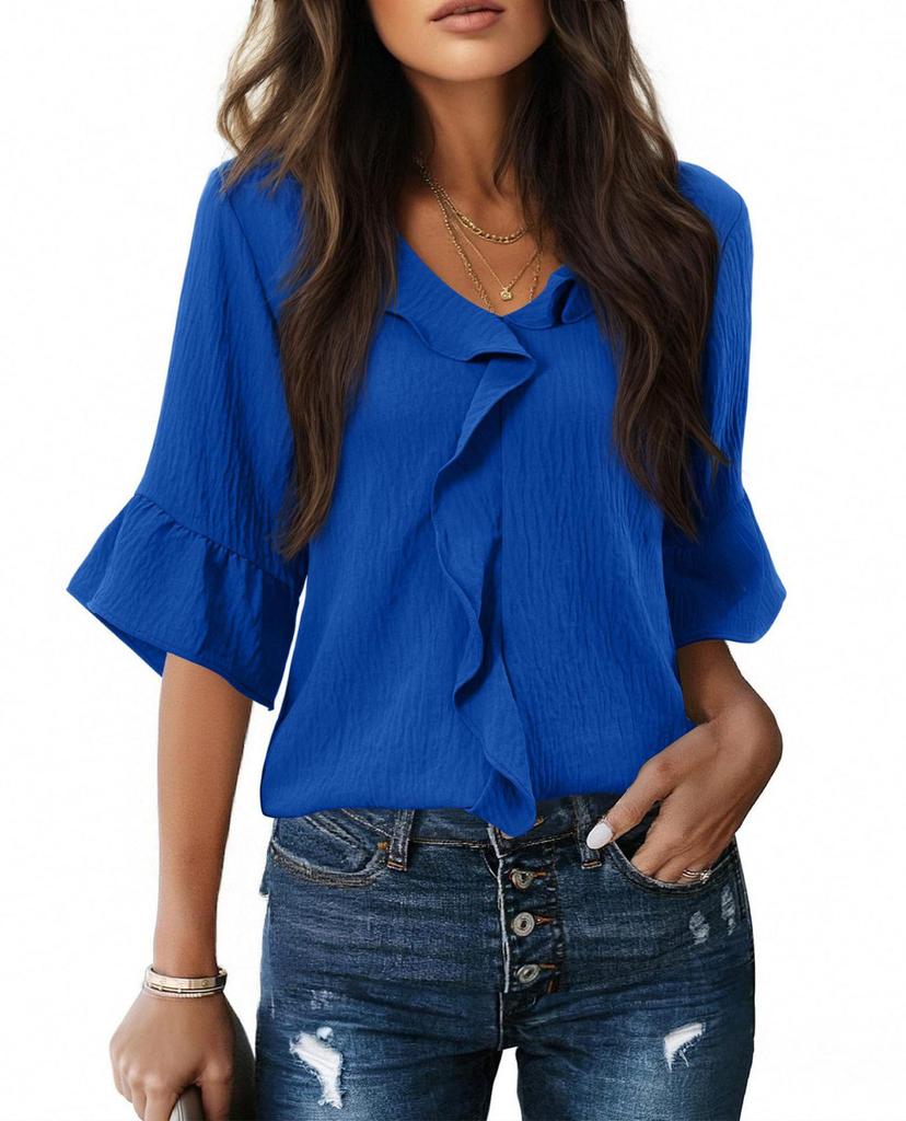 2026 Spring/Summer European & American V-neck Pleated Ruffle Loose Top