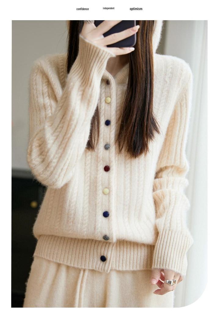 Women's Thickened Hooded Wool Cardigan: Autumn/Winter Simple Casual Cable Knit Sweater Coat