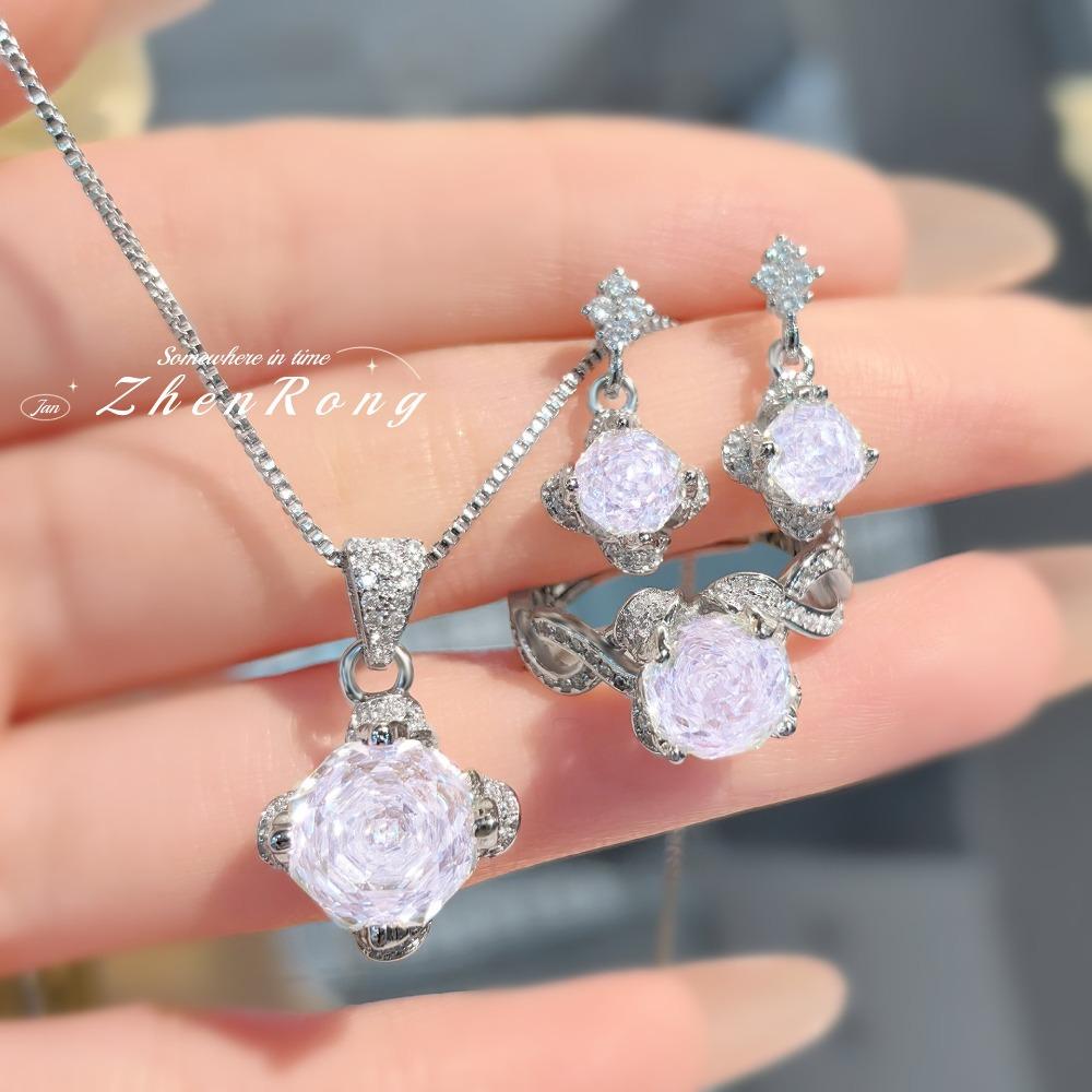 Millennium Rose Cut Paraiba Necklace Pendant Sparkling Diamond Earrings Pink Ring Women Jewelry Set