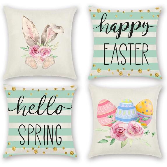 Easter Pillow Covers 18x18 Inch Happy Easter Decor Throw Pillow Covers Easter Bunnies Chicks Eggs Cushion Covers, He Is Risen Cushion Cases
