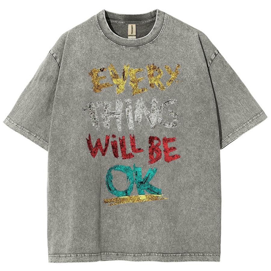 Every Thing Will Be Ok Monogram Print Wash Women Wash T-Shirt Imitation Denim Oversized Short Sleeve Everyday Design Top