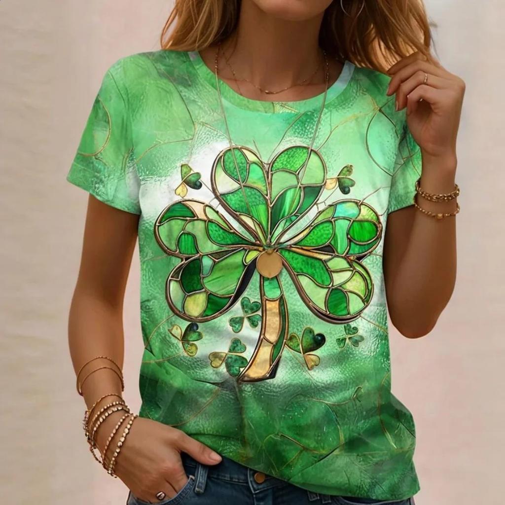 Women's T-shirt Summer Outdoor Casual Round Neck Tops Short Sleeve Leaf Printed Patterns Large Size Loose Women's Y2K Streetwear