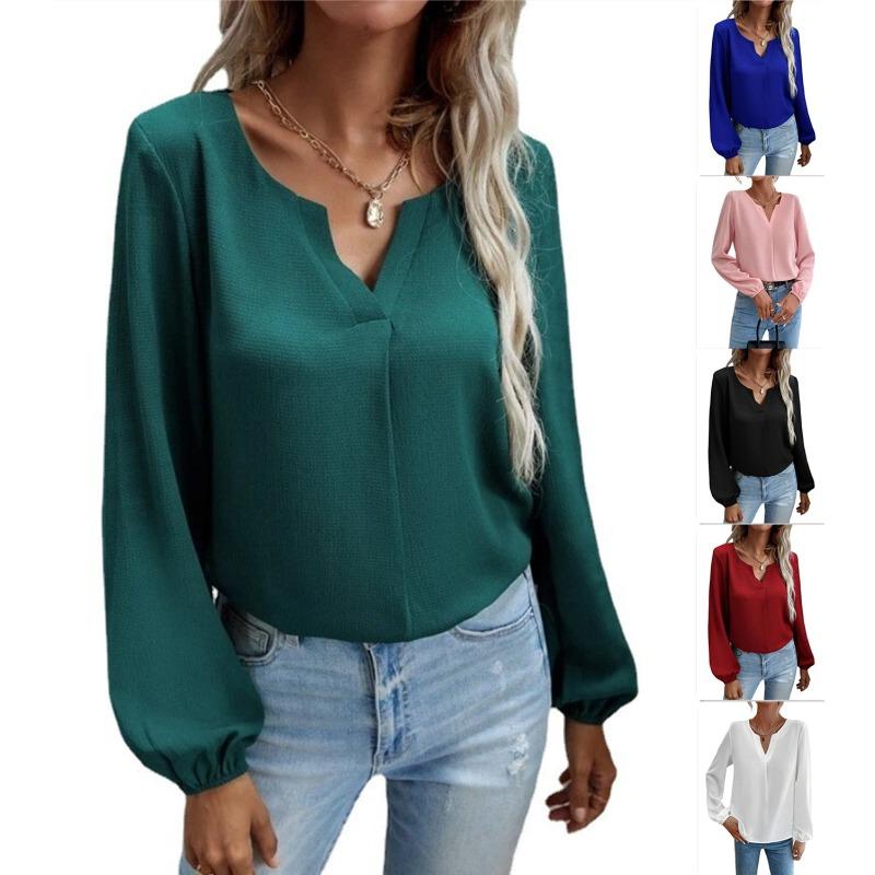 Loose Fitting Pullover Chiffon Style Commuting Solid Color Long Sleeved Base Shirt