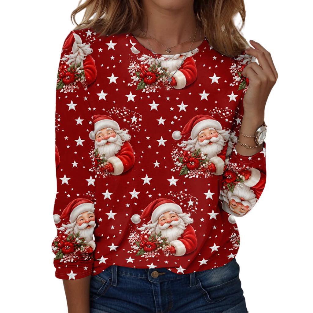 Women's Christmas Printed Long Sleeve Round Neck Top Casual Blouse