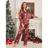 Women's Christmas Gloves and Yeti Print Elegant Satin Pajama Set, Long Sleeve Trousers Casual Home Wear, Buttons In The Front