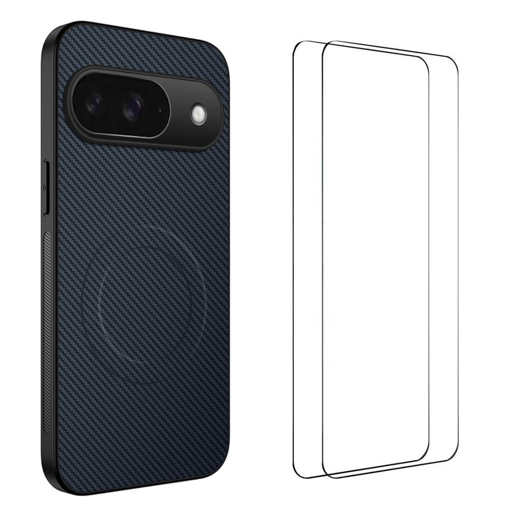 For Google Pixel 9 Magnetic Case WANLONFENG TQ1 Series Carbon Fiber Texture PC TPU Phone Cover with 2Pcs Screen Films