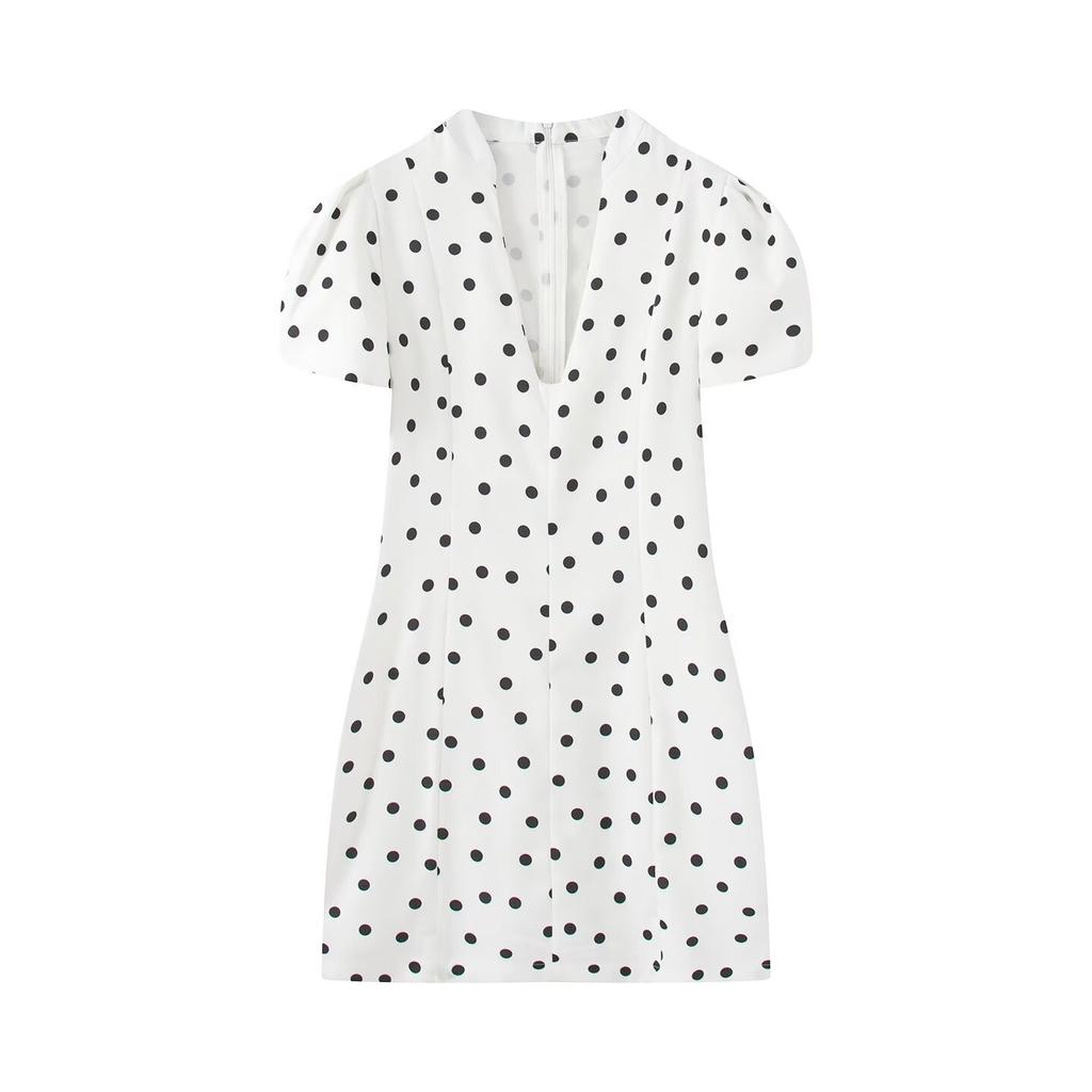 Women's summer new French retro design bubble short-sleeved V-neck slim-fit dress