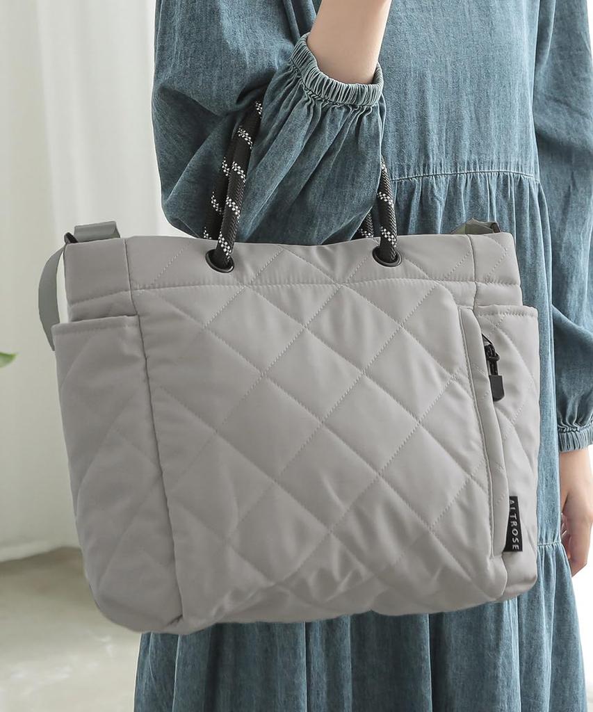 Grey Tote Bag for Large Shoulder [Altro Rose] Women, Capacity, 2-Way, Bag, Handbag, Over-the-Shoulder, Zippered, Lightweight, Quilted, Mother's Bag,