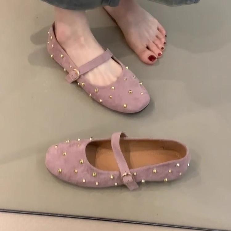 Weiche Lederversion~ Mary Jane Schuhe mit eckiger Spitze im Feenwindstil, Damen flachmündig mit Ein-Wort-Schnalle, Nieteneinschuhe, sanftes Temperament, Abendschuhe