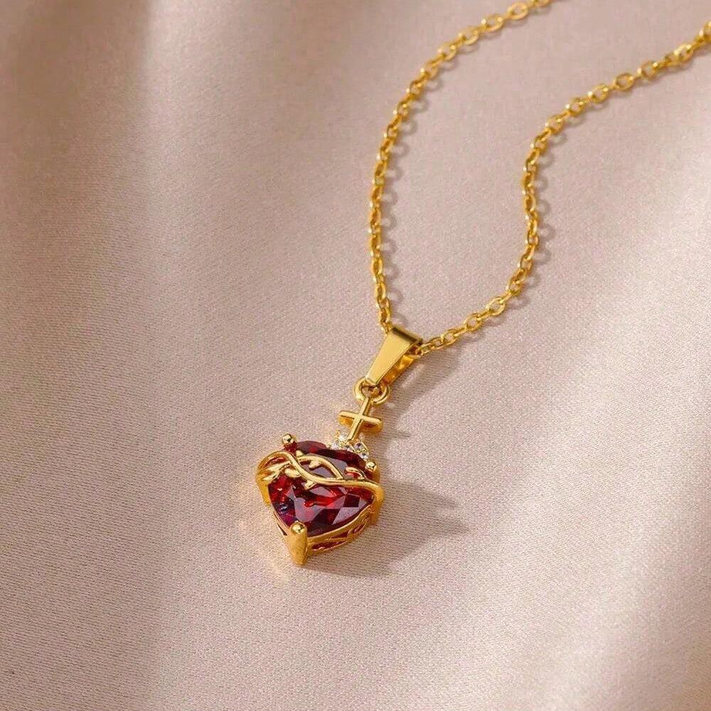 1 Pc Sacred Heart Of Jesus Necklace For Women Red Cubic Zirconia Cross Pendant Stainless Steel Chain Necklace Religious Jewelry Accessoriesor Her