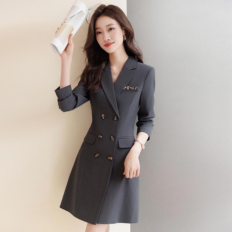 Women's Double-Breasted Gray Suit Dress - Mid-Length, High-End Professional Workwear for Spring and Autumn
