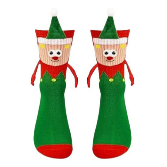 Cartoon Christmas Socks Magnetic Holding Hands Socks Cute Snowman Reindeer New Year Socks Fun Gifts for Girls Teens Birthday Holidays