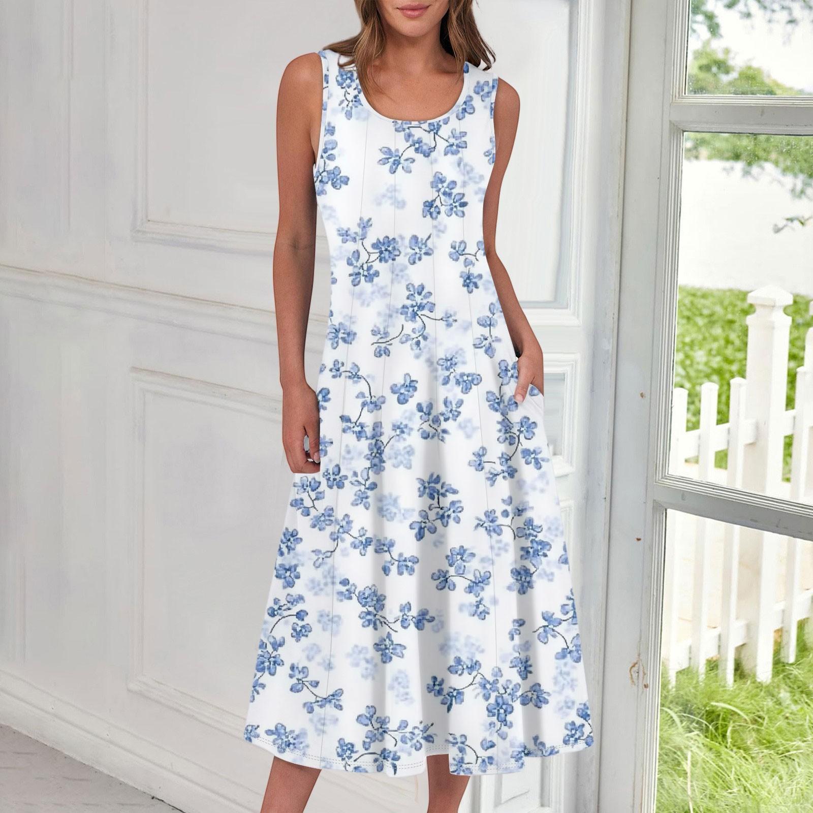 

Женское повседневное модное платье миди с цветочным принтом и круглым вырезом без рукавов XL