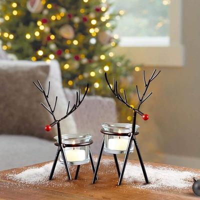 Set of 2 Christmas Reindeer Tealight Candle Holders with Glass Holders Christmas Decorations for Home Church Table Decoration Indoor Outdoor
