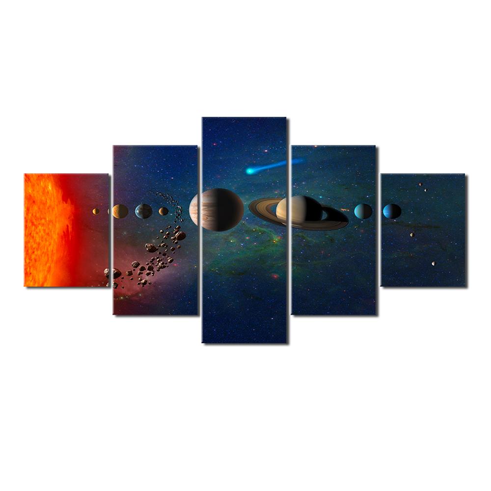 5 Panel Space Space Moon Poster Silk Cloth Earth Canvas Painting Wall Art Planet Satellite Solar System Living Room Decoration