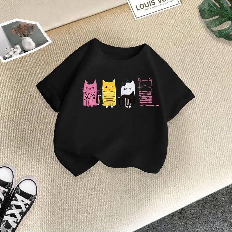 2025 Cute Cat Printed Summer New Product Children's Clothing Children's Short Sleeved T-shirt Baby Fashion T-shirt