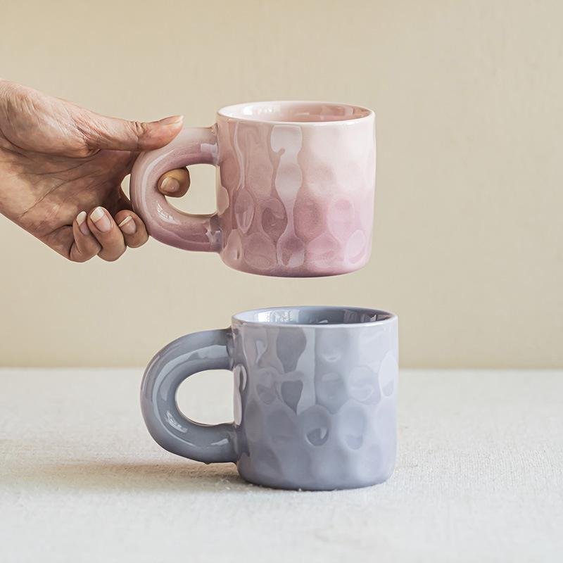 Ceramic solid color mug Home daily drinking cup Breakfast milk Oat cup Round fat handle coffee cup