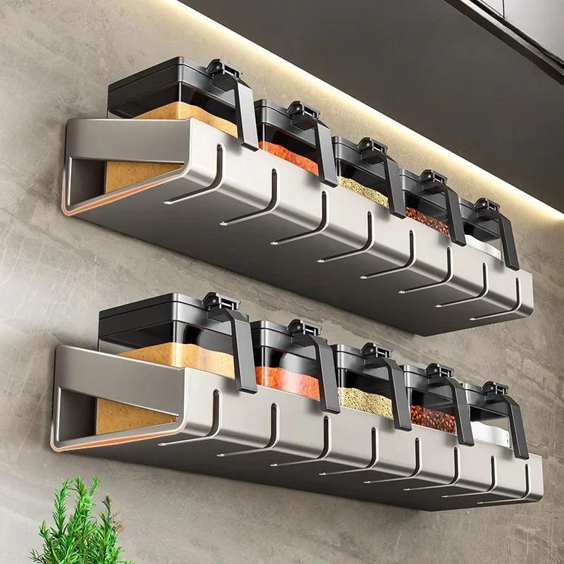 Kitchen Wall Mounted Spice Condiment Rack Organizer With Hanging Hook Wall Storage Shelf For Household Kitchen Space Saving