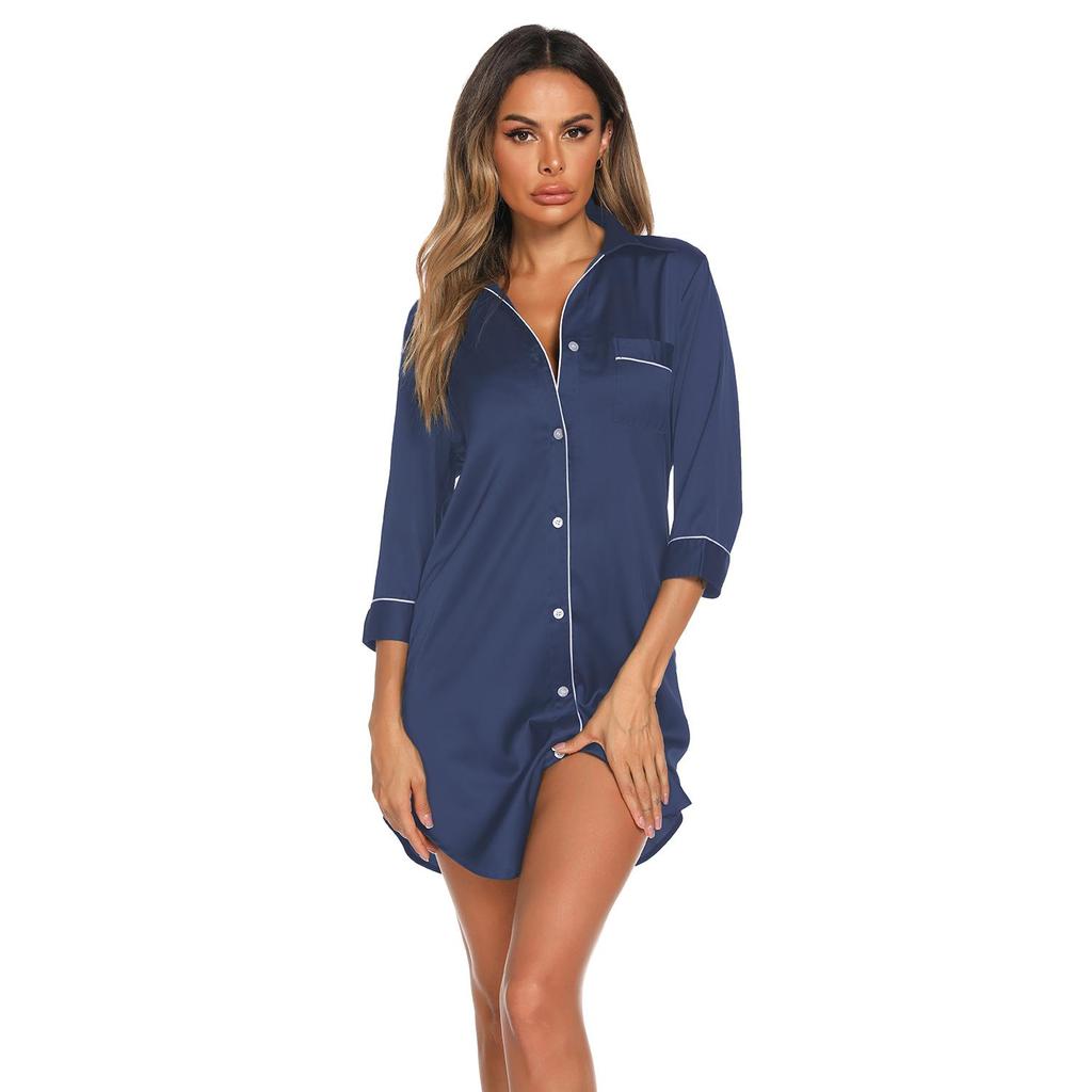 Women's Sleep Shirt Silk Imitation Long Sleeves Thin Night Shirt Ladies Pajamas Nightwear Sexy Sleepwear In Black Navy Green