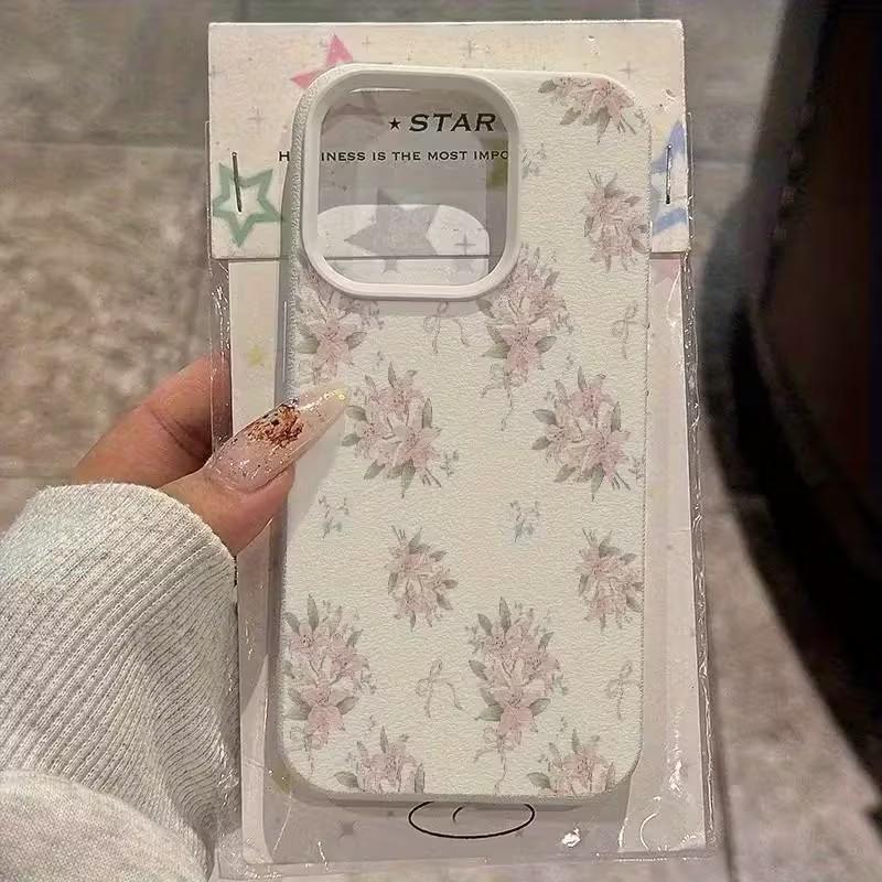 Elegant Lily Flower Pattern Lychee Texture Phone Case For iPhone 17 16 15 14 13 12 11 Pro Plus Max 17 Air X XR XS Silicone Cover