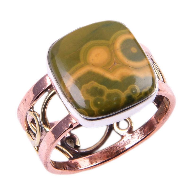 Natural Ocean Jasper Gemstone 925 Sterling Silver Jewelry Two Tone Ring S.9 J2l62
