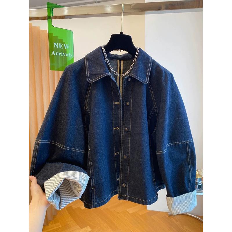 Dámská Retro tmavě modrá džínová bunda s patchworkovými manžetami - Korejský styl, Volný střih, na jaro a podzim 2025