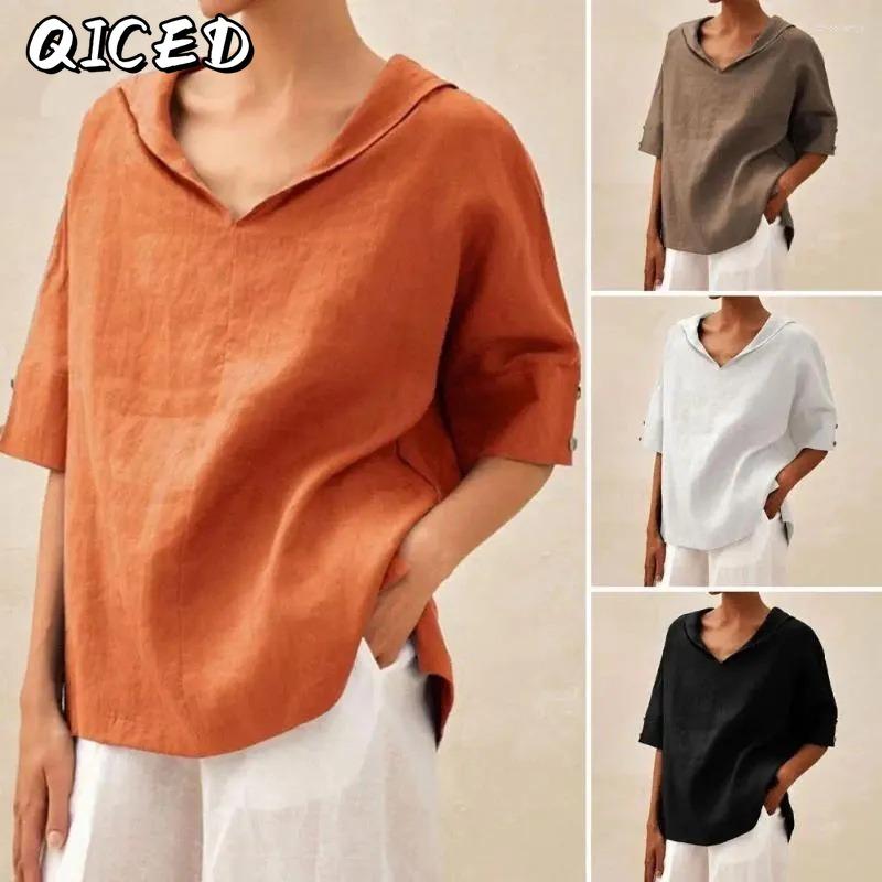 QICED Women's Fashion Casual Solid Color Print Short Sleeve V Neck Blouses & Shirts