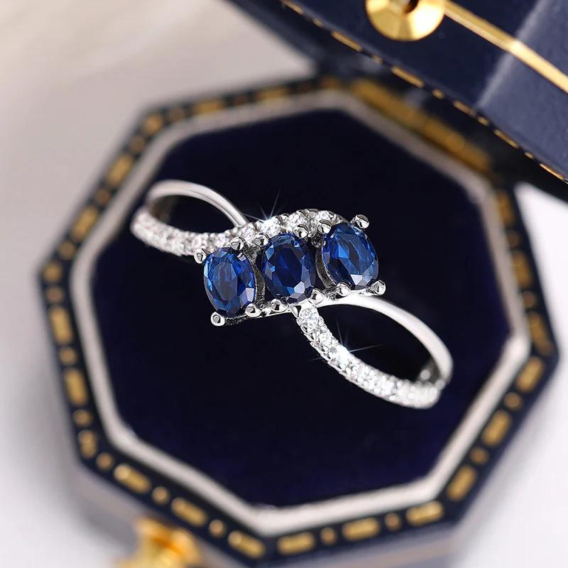 Huitan Aesthetic Curve Design Women Ring with Bright Blue Cubic Zirconia Elegant Party Accessories Jewelry for Anniversary Gift