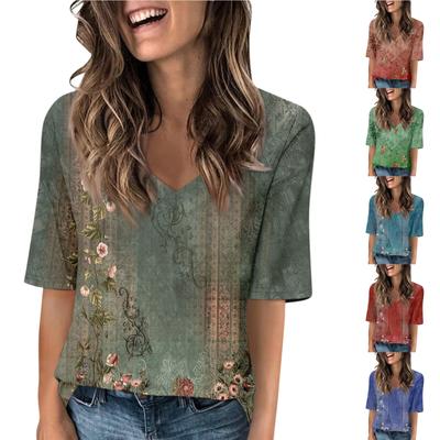 Kadın V Yaka T Gömlek Yarım Kollu Baskılı Casual Yaz Tees T Gömlek Bluz Tops