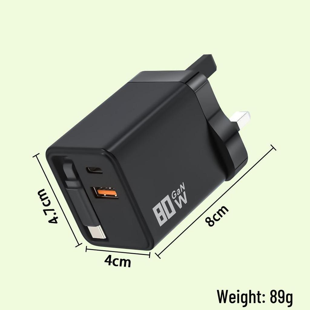 Dual Port Foldable GaN Charger with Retractable Cable for Fast Charging Apple, Huawei, Xiaomi Devices