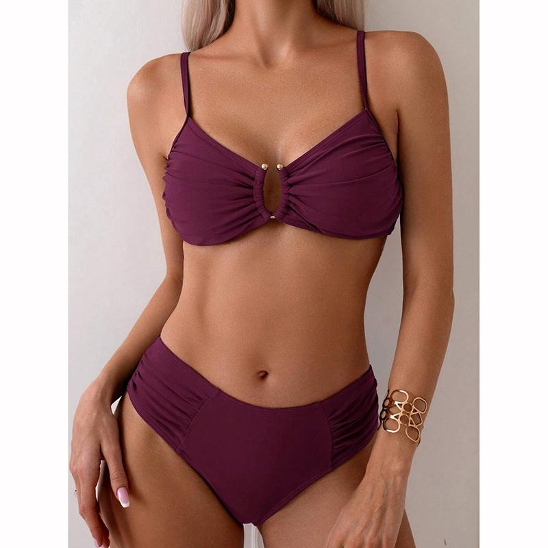 

Женские купальники, цельные купальники, пуш-ап, сексуальный комплект из двух частей, летние комплекты бикини с высокой талией, бикини с высоким вырезом M фиолетовый
