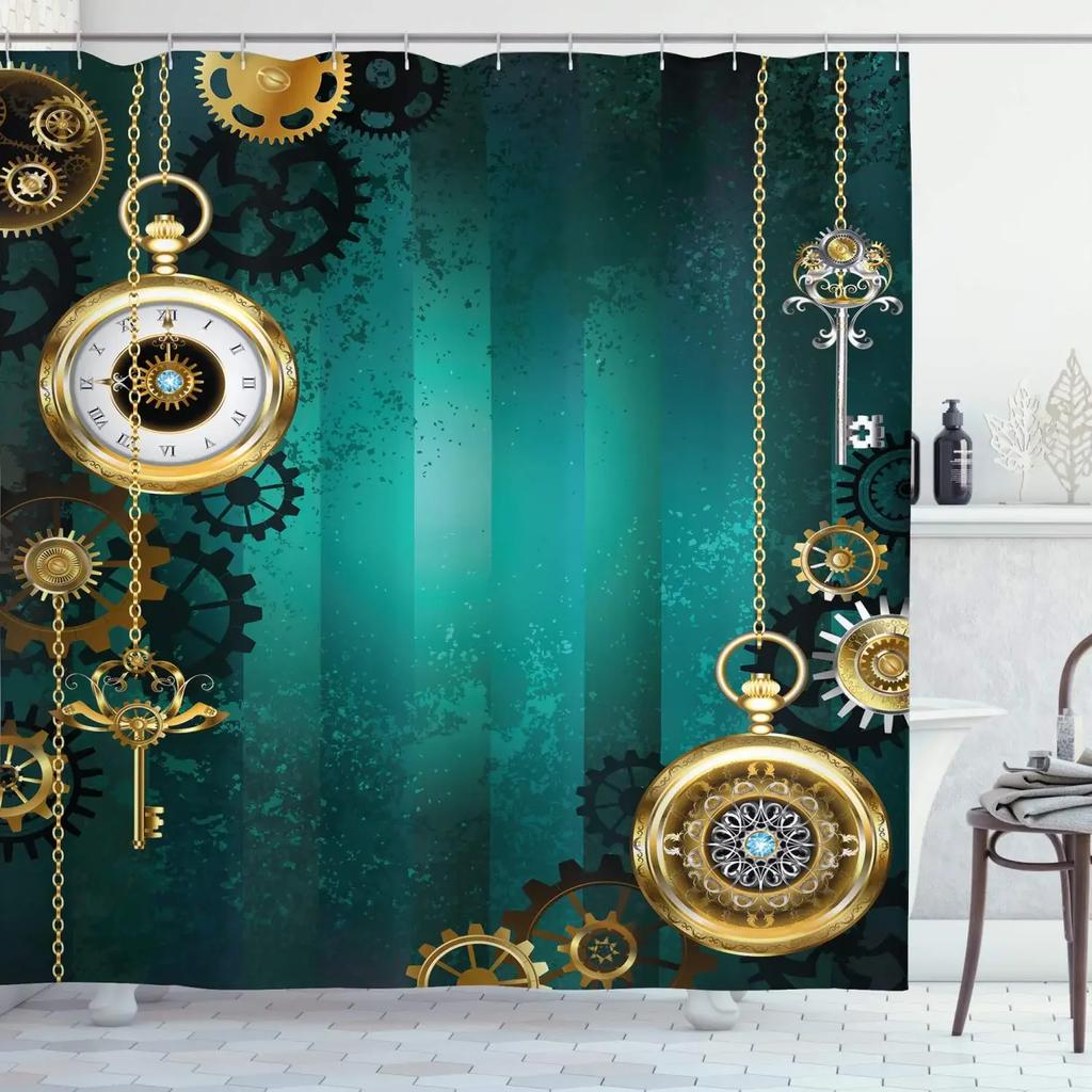 Retro Steampunk Clocks and Gears Shower Curtain Mechanical Clocks Details Over Old Metal Cloth Fabric Bathroom Curtain Set,hooks