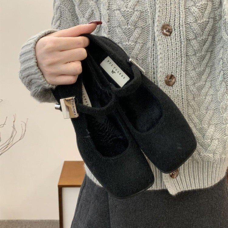 Shoes Coarse Heel Single Shoes Women's Fleece French Temperament Mary Jane Woolen Square Head Grandma Shoes High Heel Winter Fluffy