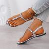 Fashion Rhinestone Decor Women Beach Shoes Women's Solid Color Thong Sandals Elastic Ankle Strap Lightweight Soft Sole Glitter Shoes