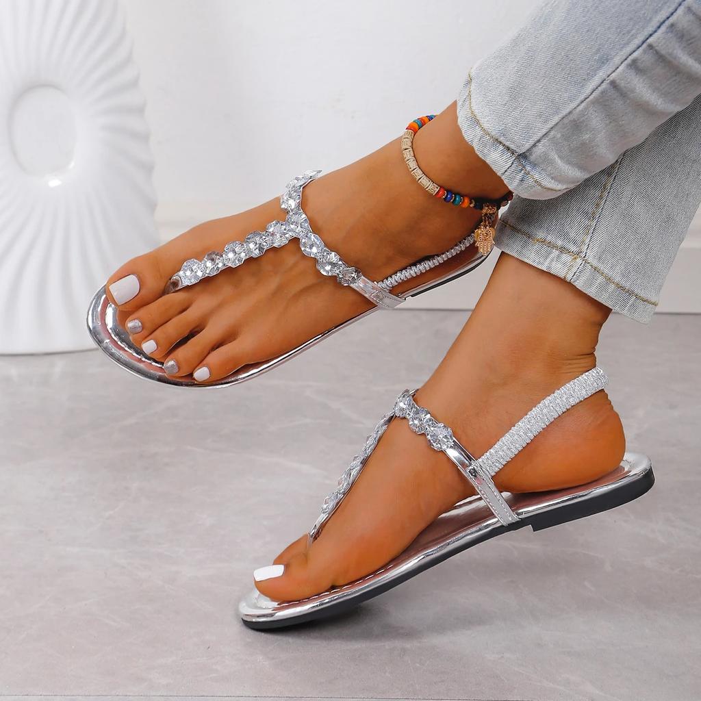 Fashion Rhinestone Decor Women Beach Shoes Women's Solid Color Thong Sandals Elastic Ankle Strap Lightweight Soft Sole Glitter Shoes