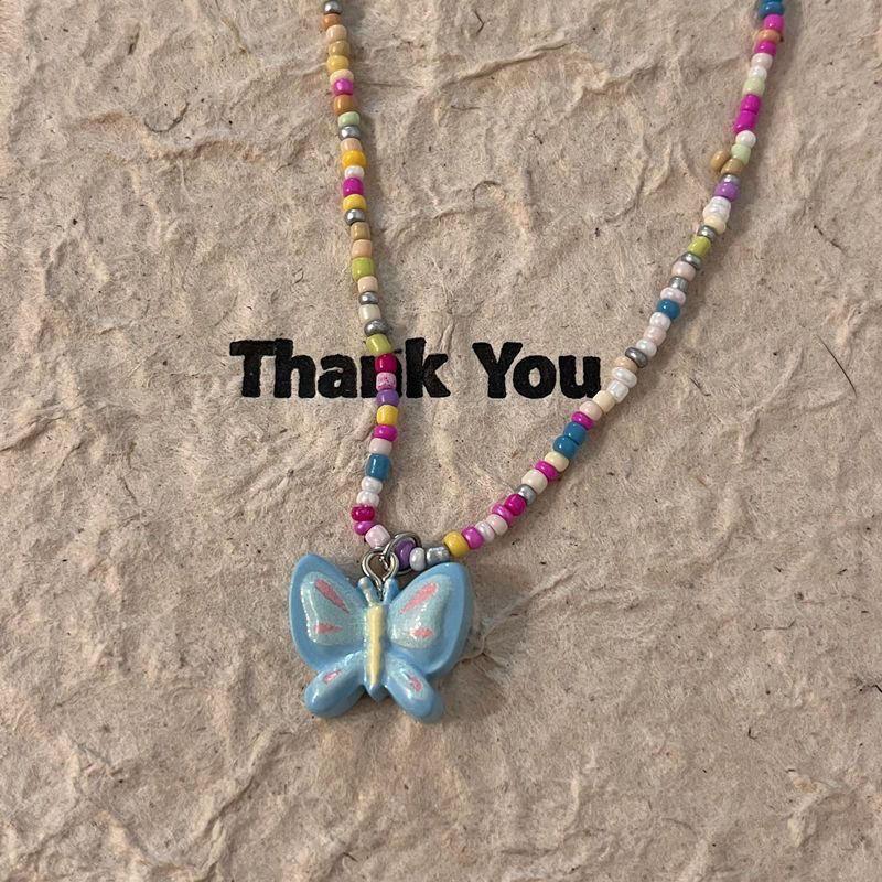Sweet Accessories Colored Beaded Butterfly Pendant Necklace Female Dopamine Sweet Cool Collarbone Chain BM Spice Girl Necklace