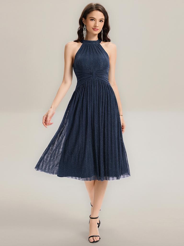 Ever-Pretty Women's Glitter Halter Cocktail Dresses Sleeveless Pletaed A-Line Midi Evening Dresses