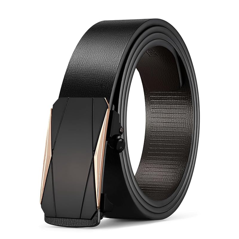 

[ZHUYING] belt men s genuine leather No hole Stepless Auto lock type Casual with gift box business size adjustable men s belt (golden diagonal, 110cm)