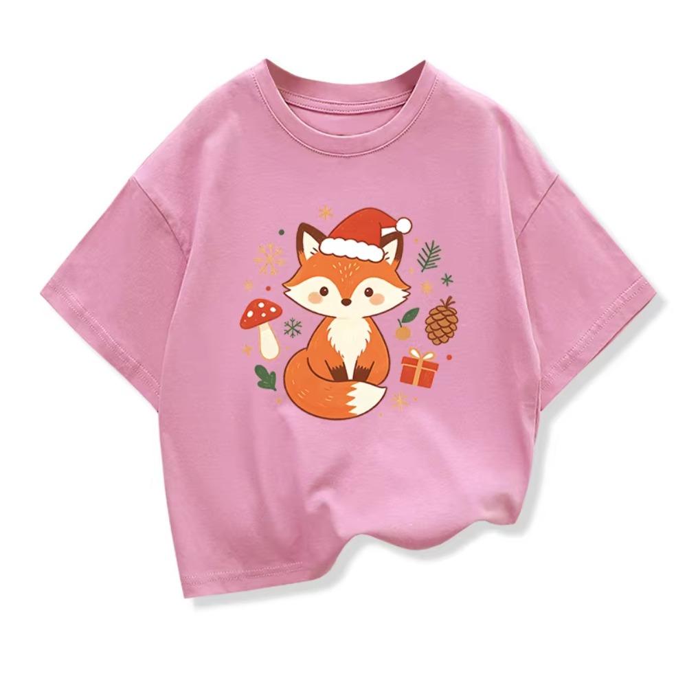 New Cute Cartoon Fox Printed Christmas Children's Gift T-shirt Summer Children's Short Sleeve Printed T-shirt Kids Tops Clothes