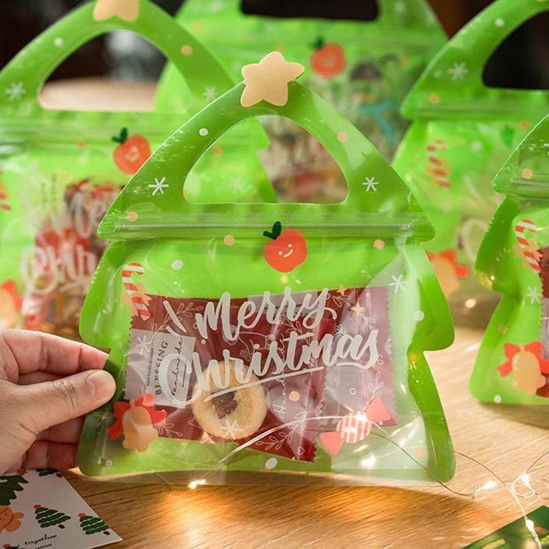 10 Stück Weihnachtsgeschenktüten für Süßigkeiten Schokolade Keks Nougat Gebäck Verpackung Geschenk Baum Weihnachtsmann Reißverschlusstüten