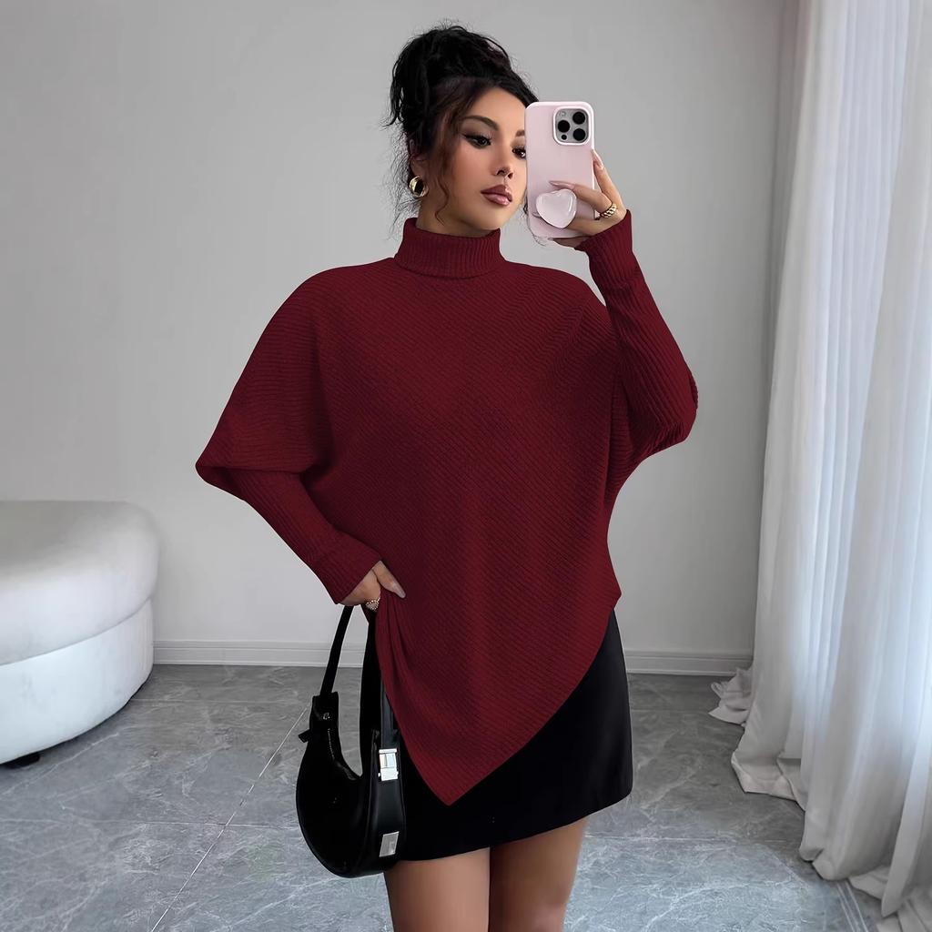 New turtleneck knitted ribbed long-sleeved irregular hem women's top sweater