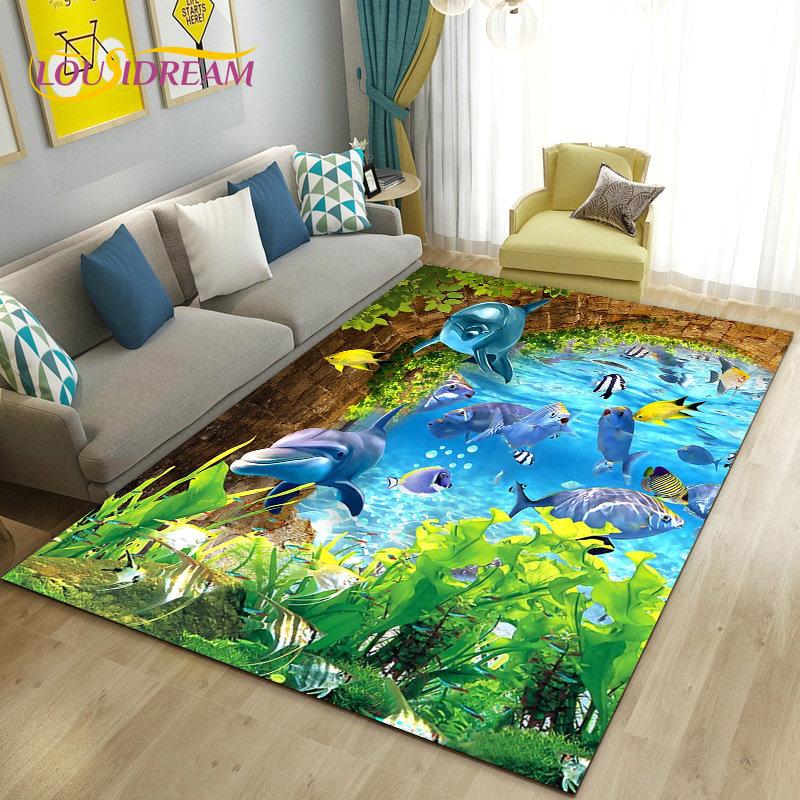 3D-Illusion Unterwasserwelt Meeresboden Delfin Hai Teppich, Teppich für Wohnzimmer Schlafzimmer Sofa Fußmatte Rutschfeste Bodenmatte