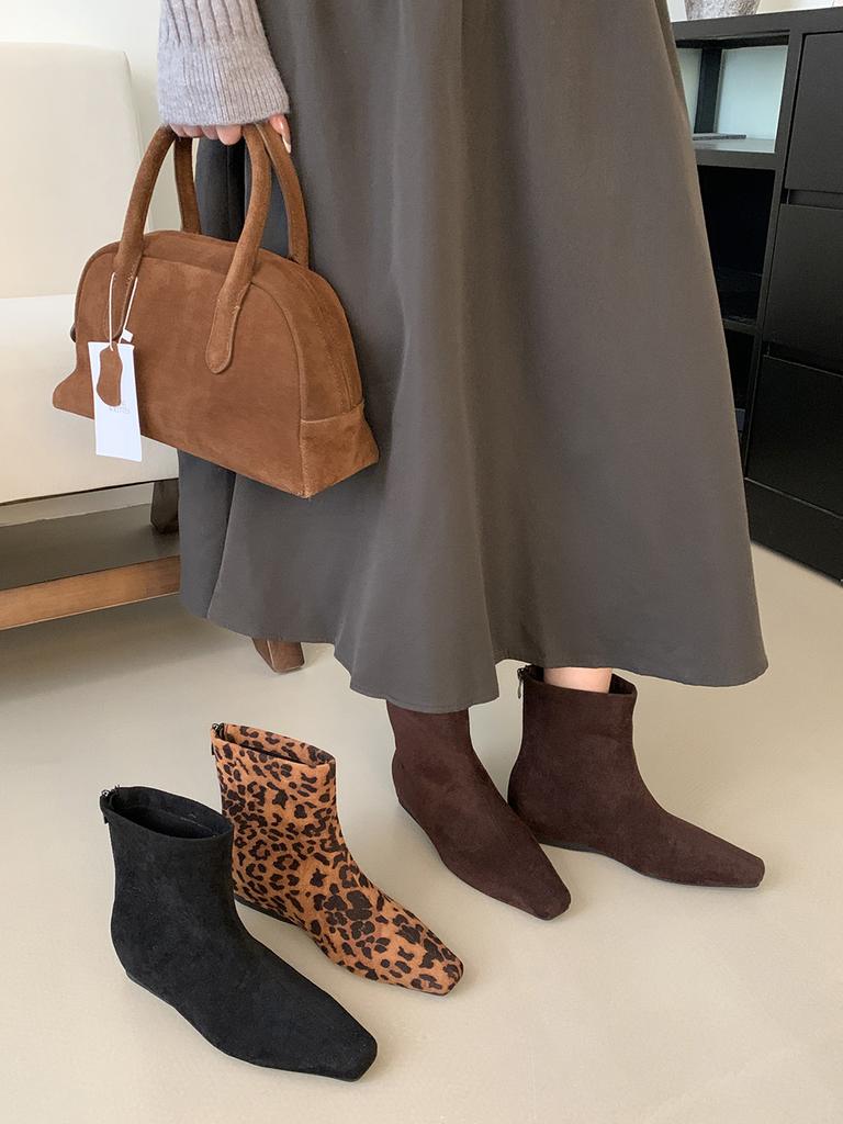 fashion Square Toe Women Ankle Boots Shallow Slip On Flat Heeled Black Brown Leopard 2024 New Arrivals Party Pumps Shoes Woman Size 39