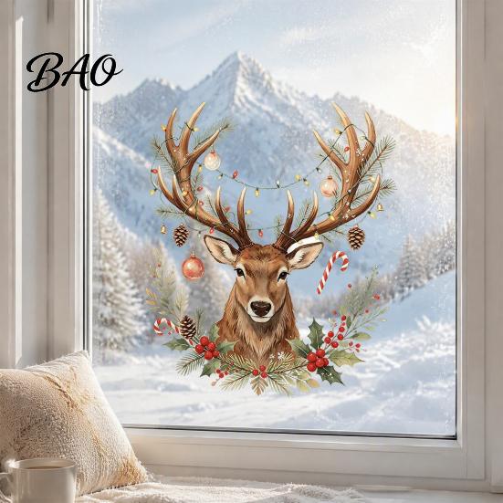 Xmas Party Supplies Christmas Watercolor Reindeer Window Cling, Removable Reusable Elk Head Static Decal Decal, Animal Decorative Glass Sticker