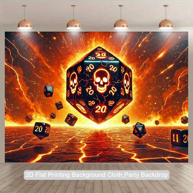 2D Tabletop RPG Backdrop with Fiery D20 Dice and Explosive Background 47.2x31.5inch/120*80cm