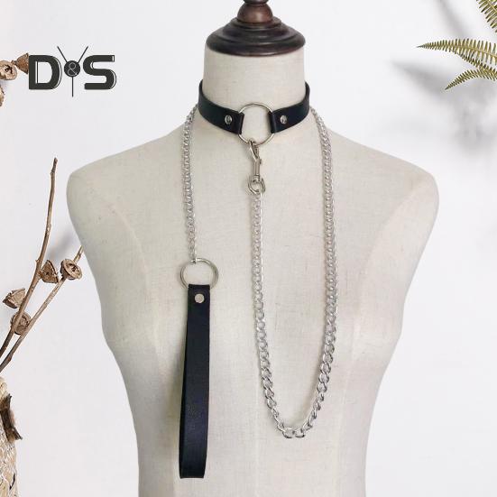 Women Faux Leather Collar Leash Chain Decor Adjustable Erotic Lover Necklace Cosplay Nightclub Party Choker Individual Neck Jewelry