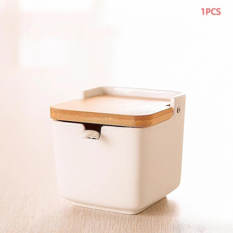 Simple Ceramic Seasoning Jar Bamboo Lid Spice Jar With Spoon Kitchen Sugar Salt Spices Storage Box Household Container